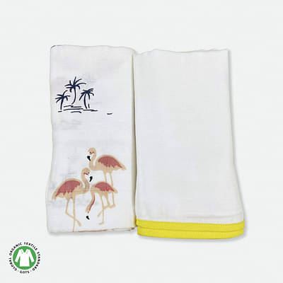 Tinylane 100% Organic Bamboo Cotton Muslin Baby Swaddle Wrappers Flamingo & Classic White Print Pack Of 2- Multicolor image