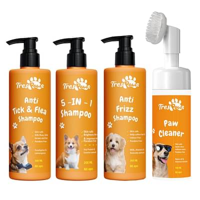 Trespaws Tick & Flea, Anti Frizz, 5In1 Dog Shampoo + Paw Cleaner Combo Pack Of 4 image