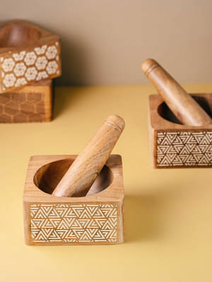 Trikona Okhli - Engraved Wooden Mortar Pestle Set | Triangle Design image