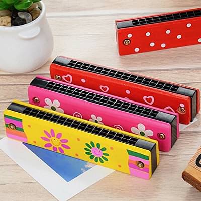 Trinkets & More - Harmonica Mouth Organ Wooden Musical Instrument For Kids Best Return Gift (Pack Of 2 - Random Colours And Pattern) image