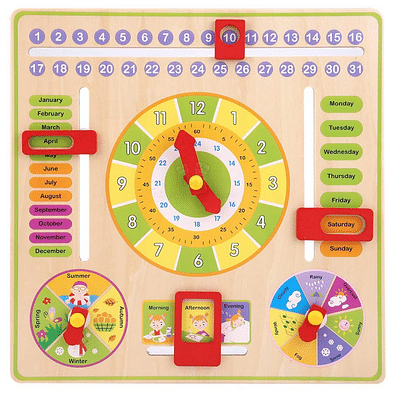 Trinkets & More Wooden Calendar Toy Clock With Slider Board Game Weather Days Seasons Time Wall Mountable Pre-School Educational Stem Or Kids 3+ Years. image