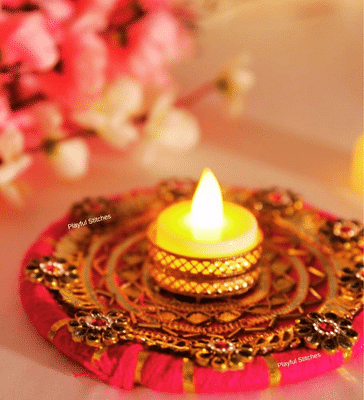 Vaastu Kundan T- Light Holder For Temple Décor | Gota Work image