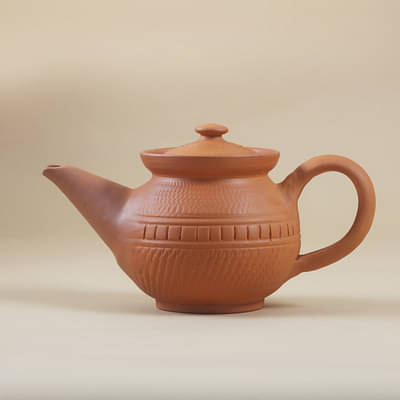 Vanchai Terracotta Engraved Tea/Coffee Pot (500 Ml) With 4 Cup And Plate Set image