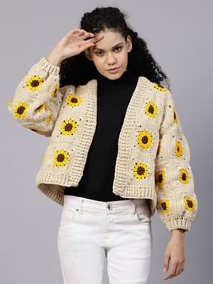 Velvery Beige Yellow Square Flowers Long Sleeves Front-Open image