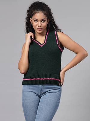 Velvery Dark Green Self Design Sleeveless Sweater Vest image