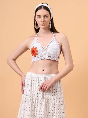 Velvery Floral Crochet Halter Neck Padded Bralette Top With Tie-Ups - Ivory image