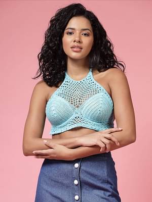 Velvery Handmade Turquoise Blue Halter Neck High Coverage Padded Bralette Top With Tie-Ups image