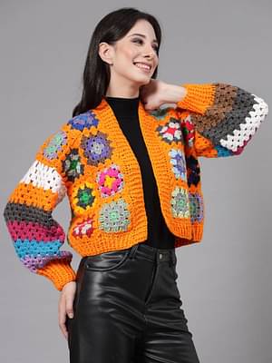 Velvery Orange Granny Square Stitch Long Sleeves Front-Open image