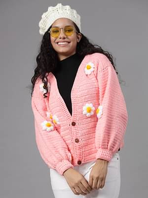 Velvery Peach Mini White Flowers Long Sleeves Cardigan image