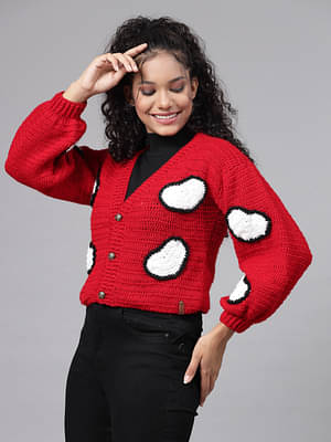 Velvery Red Loved Snow Hearts Long Sleeves Cardigan image