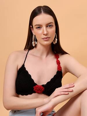 Velvery Rose Detail Crochet Halterneck Beachwear Top - Black image