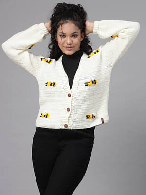 Velvery White Cute Honey Bees Long Sleeves Cardigan image