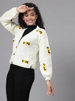 Velvery White Cute Honey Bees Long Sleeves Cardigan image