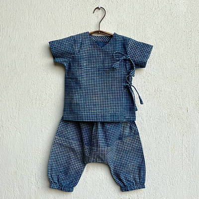 Whitewater Kids Unisex Organic Indigo Check Angarakha  + Matching Pants image