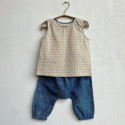 Whitewater Kids Unisex Organic Zoo Indigo Raidana Jhabla With Indigo Check Pants image