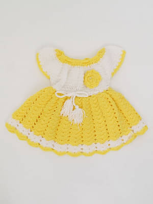 Woonie Girls Handmade Off White & Yellow Floral Aycrlic Crochet Dress Off White & Yellow image