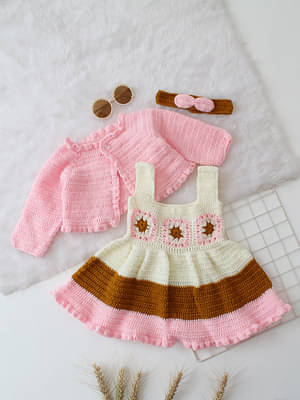 Woonie Girls Handmade Pink & Multi Granny Square Detail Aycrlic Crochet Dress Pink & Multi image