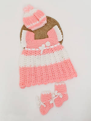 Woonie Girls Handmade Pink & White Self Design Aycrlic Crochet Dress Pink & White image