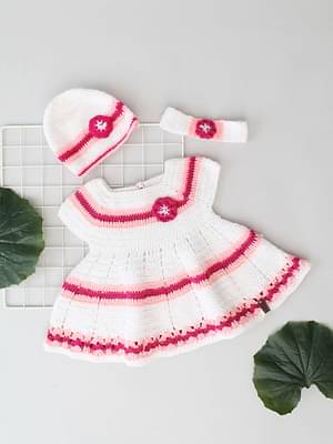 Woonie Girls Handmade White & Pink Cinderella Aycrlic Crochet Dress White & Pink image