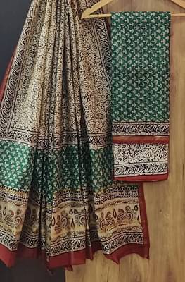 Yuvi Style Bagru Hand Block Print Chanderi Silk Suit Set With Premium Chanderi Dupatta Green Shade With Cream image