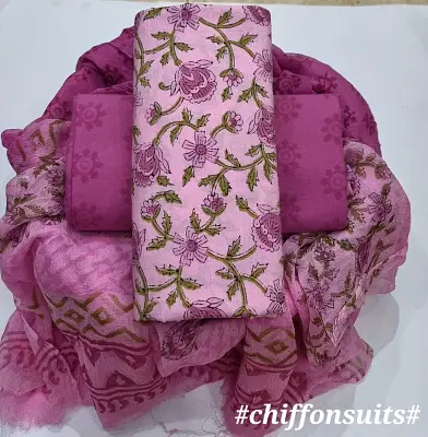 Yuvi Style Designer Hand Block Print Pure Cotton Suit With Chiffon Dupatta Pink Shade image