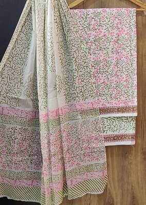 Yuvi Style Designer Hand Block Print Pure Cotton Suit With Cotton Mulmul Dupatta White Base image