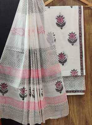 Yuvi Style Designer Hand Block Print Pure Cotton Suit With Mulmul Dupatta White Base image