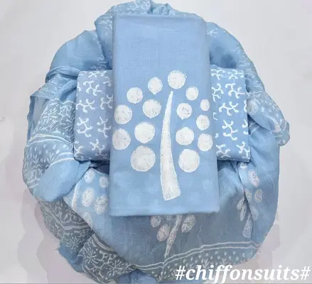 Yuvi Style Elegant Hand Block Print Pure Cotton Suit With Chiffion Duptta Sky Blue Shade image