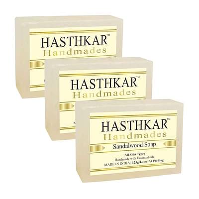 Hasthkar Handmades Glycerine Natural Sandalwood Soap Bathing Bar for Smooth & Glowing Skin, Herbal Soap for Reducing Acne & Dark Spots, Ideal for All Skin Types 125gm Men & Women Pack of 3 image