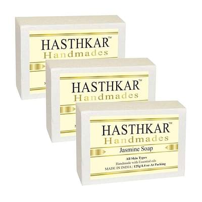 Hasthkar Handmades Glycerine Natural Jasmine Soap Bathing Bar, 100% Organic Soap For Glowing Skin, Improves Skin Texture, Chemical Free Ideal For All Skin Types 125gm Men & Women Pack of 3 image