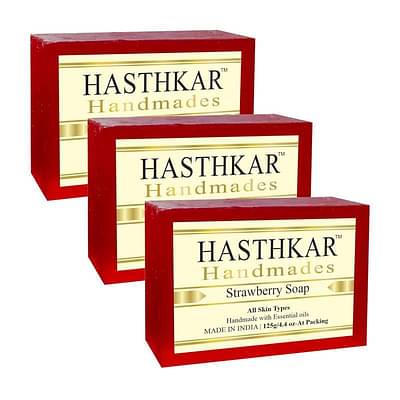 Hasthkar Handmade Strawberry Bathing Soap Bar Glycerin Soap Natural Bathing Soap Herbal Soap with Essential Oils Soaps For Bath Natural Soap Glycerine Soap Pack of 3 image
