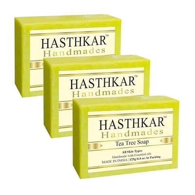 Hasthkar Handmades Glycerine Natural Tea Tree Soap Bathing Bar, Heals Skin, Fights Acne, Clear Flawless Skin Prevent Body Acne, Moisturize Skin, Ideal For All Skin Types 125gm Men & Women Pack of 3 image