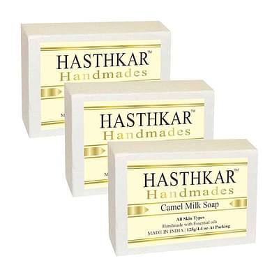 Hasthkar Handmades Glycerine Natural Camel Milk Soap Bathing Bar, Gentle Exfoliate Skin and Speed Up Cell Renewal Deeply Cleanses Skin Pores, Ideal For All Skin Types 125gm Men & Women Pack of 3 image