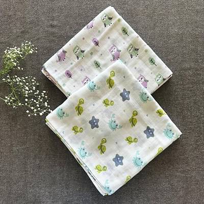 Bamboo Muslin Baby Swaddles | Set Of 2 | Owls + Turtles image