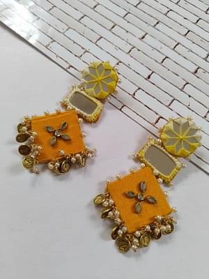 Rainvas Yellow Mirror And Coins Fabric Earrings For Women image