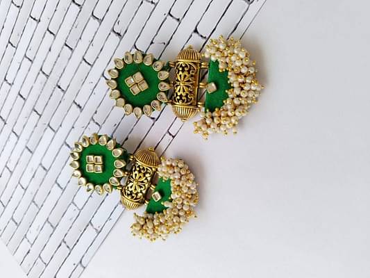 Rainvas Green With Golden Beads And Pearls Traditional Earrings image