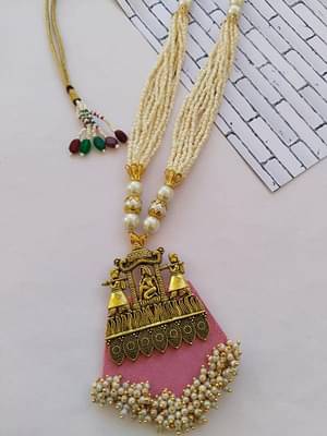 Rainvas Baby Pink And Golden Long Ethnic Necklace image