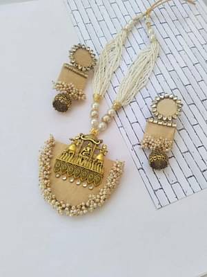 Rainvas Pastel Yellow Beige And Golden Beads Necklace Earrings Set image