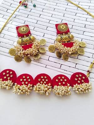 Rainvas Hot Red Golden Choker And Earrings Set image