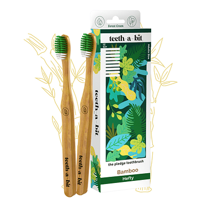 teeth-a-bit The Pledge Bamboo Toothbrush Adults Hefty Handle with Gum Sensitive Soft Bristles Pack of 2 (Forest Green) image