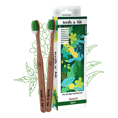 teeth-a-bit The Pledge Therapeutic Neem Toothbrush Adult Slim Handle with Gum Sensitive Soft Bristles Pack of 2 (Forest Green) image