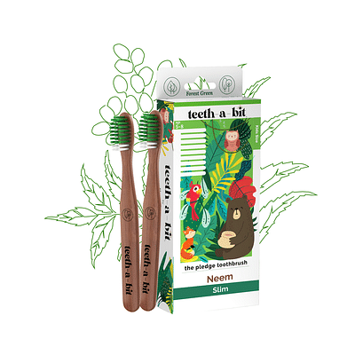 teeth-a-bit The Pledge Therapeutic Neem Toothbrush Kids (5-8 Years) Slim Handle Gum Sensitive Soft Bristles Pack of 2 (Forest Green) image