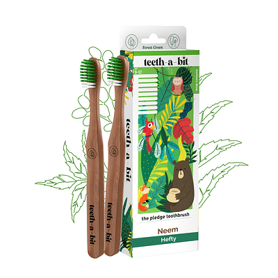 teeth-a-bit The Pledge Therapeutic Neem Toothbrush Kids (9-12 Years) Hefty Handle with Gum Sensitive Soft Bristles Pack of 2 (Forest Green) image