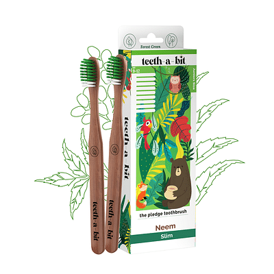 teeth-a-bit The Pledge Therapeutic Neem Toothbrush Kids (9-12 Years) Slim Handle with Gum Sensitive Soft Bristles Pack of 2 (Forest Green) image
