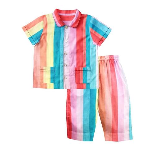 The Baby Atelier 100% Organic Short Sleeved Collared Pajama Set Rainbow image