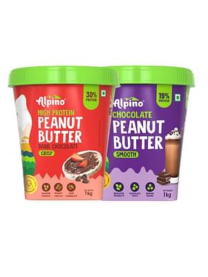 Alpino High Protein Chocolate Peanut Butter Crisp And Chocolate Peanut Butter Smooth Roasted Peanuts, Chocolate Paste, Brown Sugar & Sea Salt - 30g Protein, Gluten Free - Plant Based - 1kg( Pack of 2) image