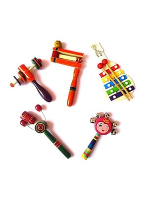 Channapatna Toys Wooden Rattles For Baby, Infants, New Born Babies Toys ( 0+ Years) - Set Of 5 Pcs - Non Toxic Multicolor image