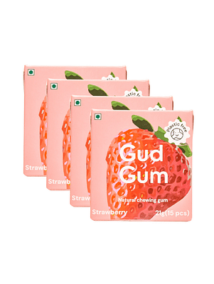 Gud Gum- Natural Chewing Gum- Strawberry Flavour- Sugar Free, Biodegradable- Pack of 4 (60 chewing gums) image