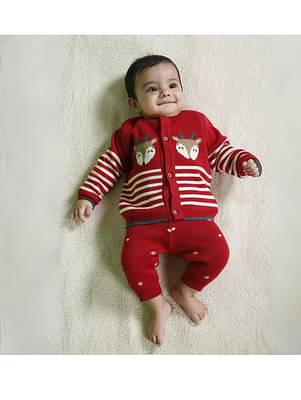 Kids of Greendeer Joyful Reindeer Jacquard 100% Cotton Sweater with Lower  - Cherry Red - Set of 2 image