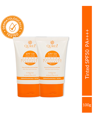 Qurez Tinted Mattifying Sunscreen Spf 50 Pa++++ With Blue Light Protection | Oxybenzone & Omc Free, 50Gms (Hybrid, Tinted )   Combo Of 2 Pack image